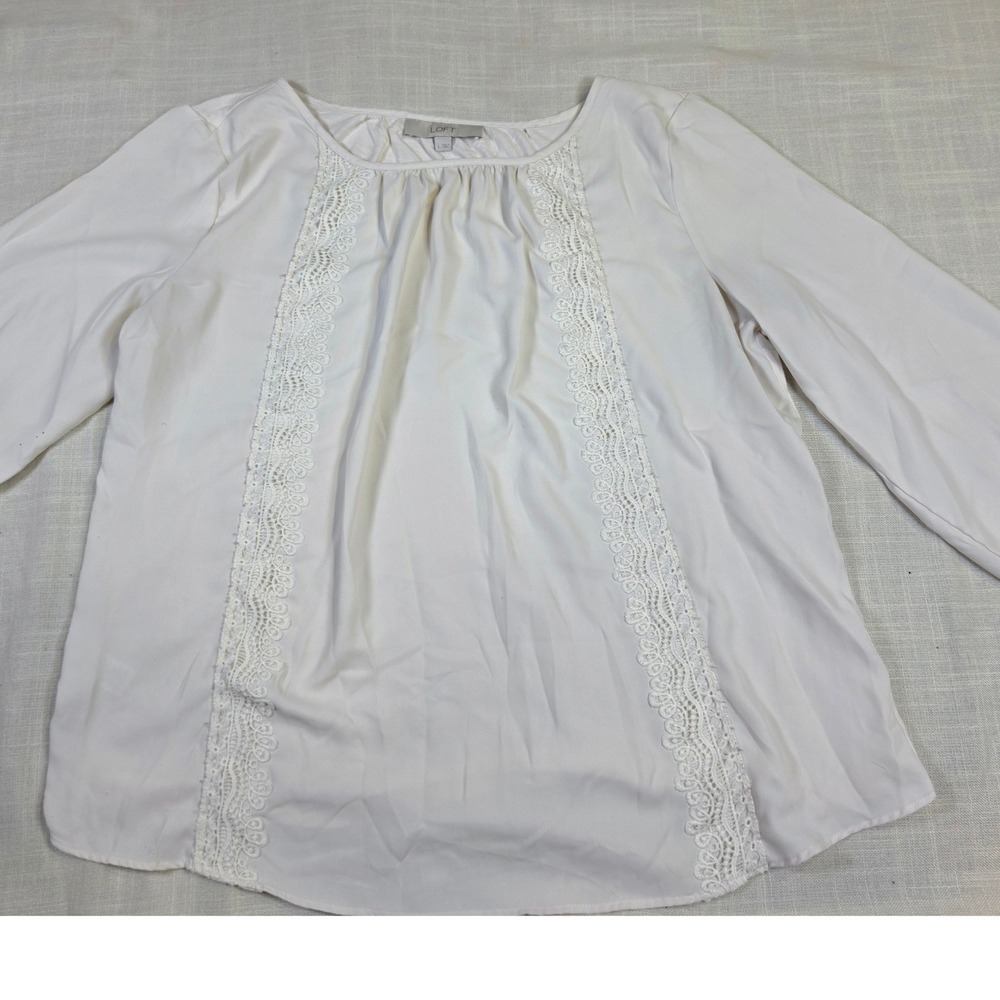 Loft Cream Lace Trim Long Sleeve Blouse Scoop Neck Off White Cottage Core Large